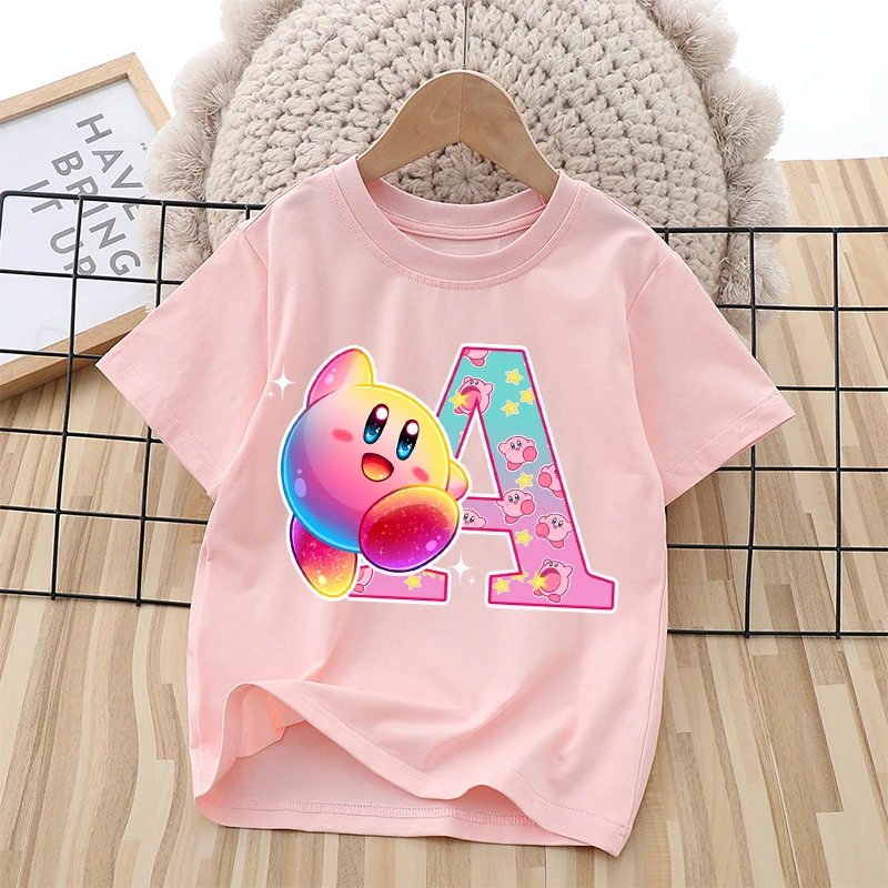 Cartoon Kirby Kleidung Baumwolle Rosa T-Shirt für Teenager Niedliches Anime-Buchstaben-Kurzarmshirt Sommer Weiches Atmungsaktives Shirt Modische Süße Oberteile
