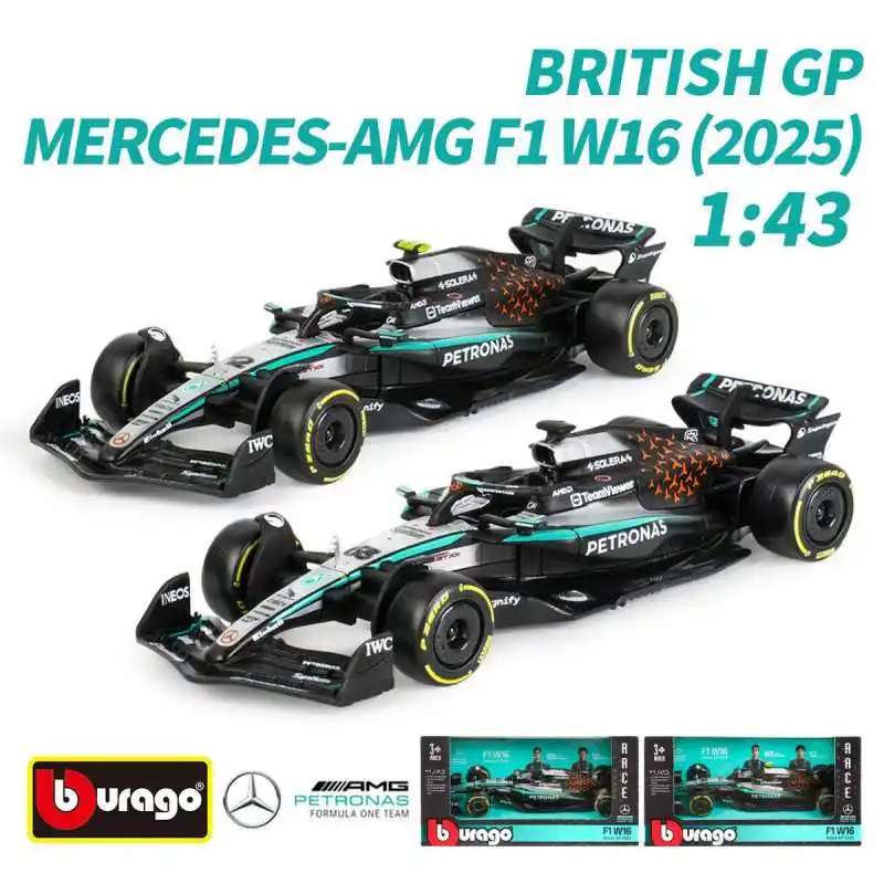 

Bburago 1:43 Mercedes Amg W16e F1 2025 Britain Gp #63 #12 Alloy Miniature Acrylic Box Diecast Model Birthday Gift Toys