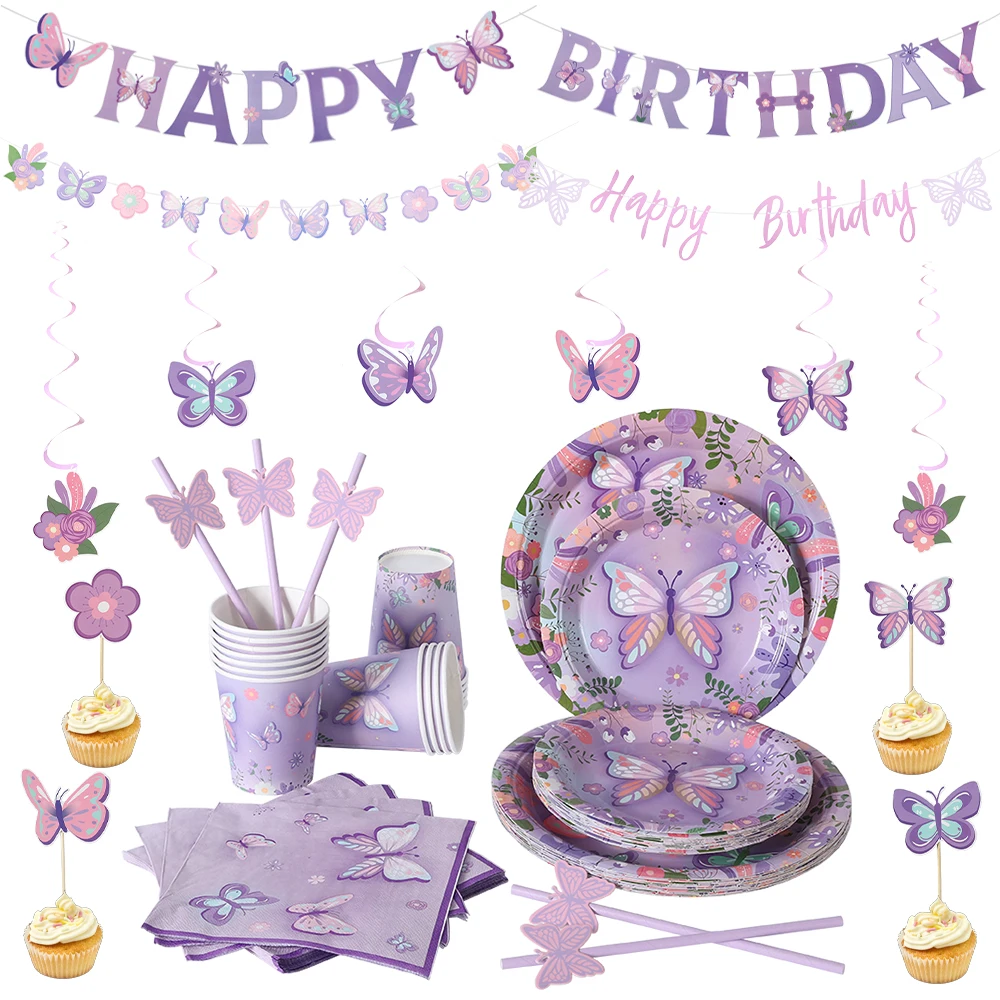 

Butterfly Happy Birthday Banner Disposable Tableware Flower Spiral Pendant Cake Topper Tablecloth Baby Shower Party Supplies