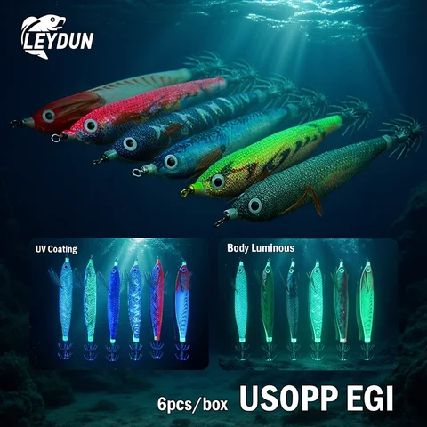 Leydun Usopp EGI Luminous & UV Squid Jig Shrimp Squid Bkk Hook 110mm 6Pcs/Set Fishing Lures Octopus Cuttlefish Shrimp Baits