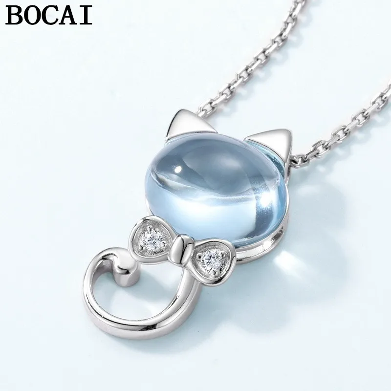 

BOCAI New S925 Sterling Silver Jewelry Inlaid With Topaz Cat Necklace Pendant Women's Selected Gift