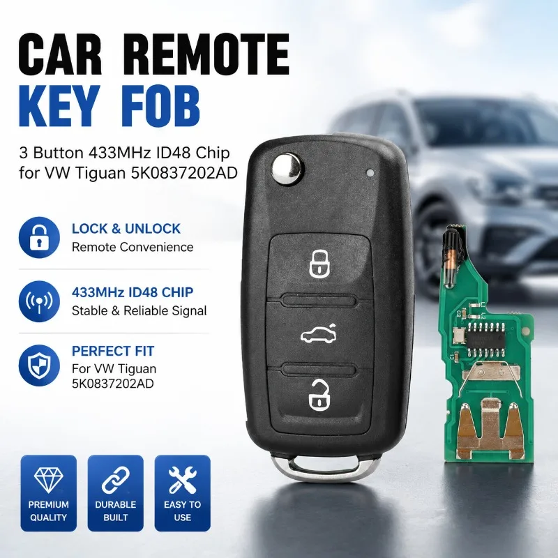 3 Button Flip Car Remote Key Fob 433MHz ID48 Transponder Chip Replacement 5K0837202AD Compatible with VW Tiguan