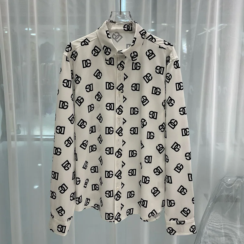 Overall printed lapel button men\'s long-sleeved shirt Soft comfortable and breathable fabric
