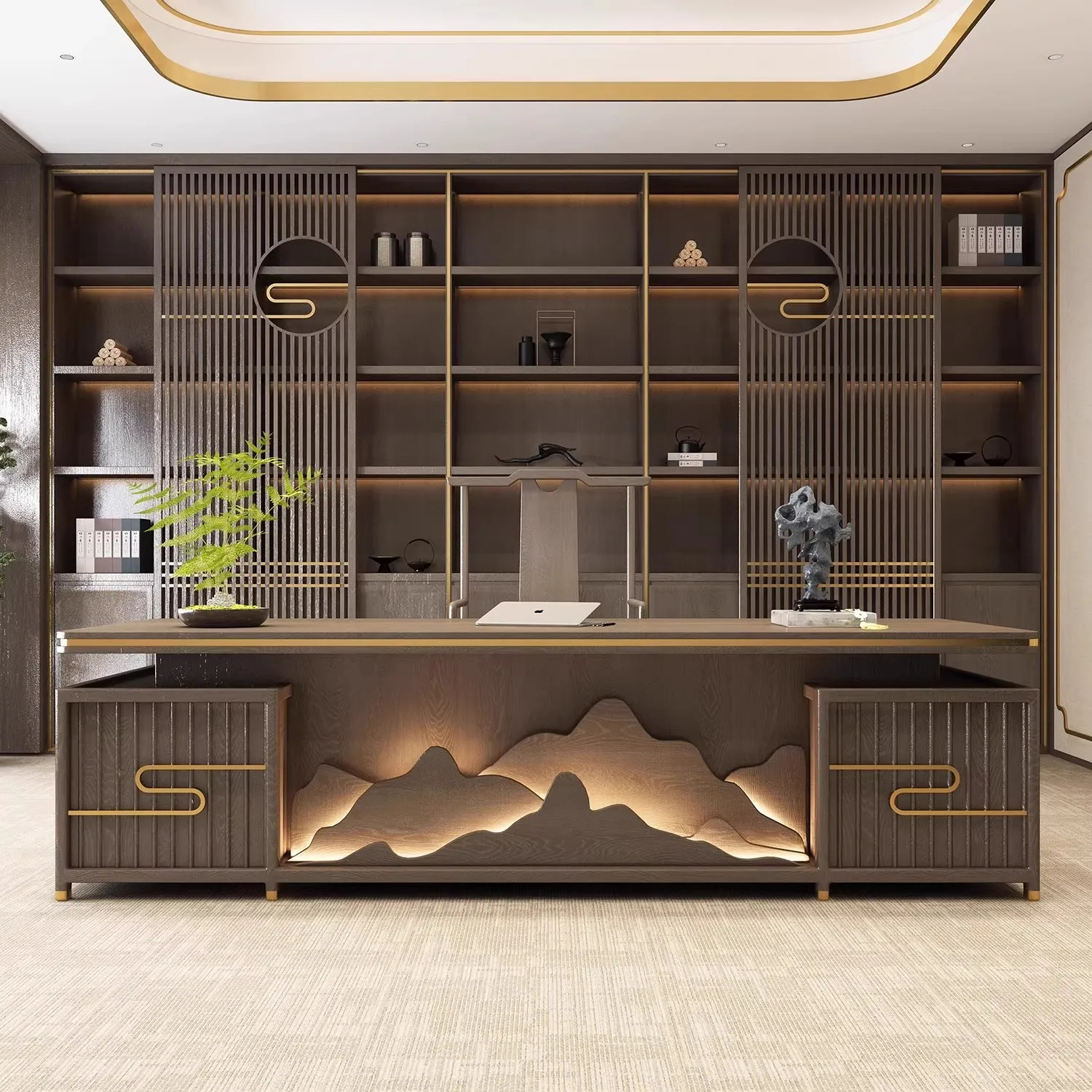 Mesa: madeira maciça, luxo leve, mesa e cadeiras chefe, escritório moderno e simples