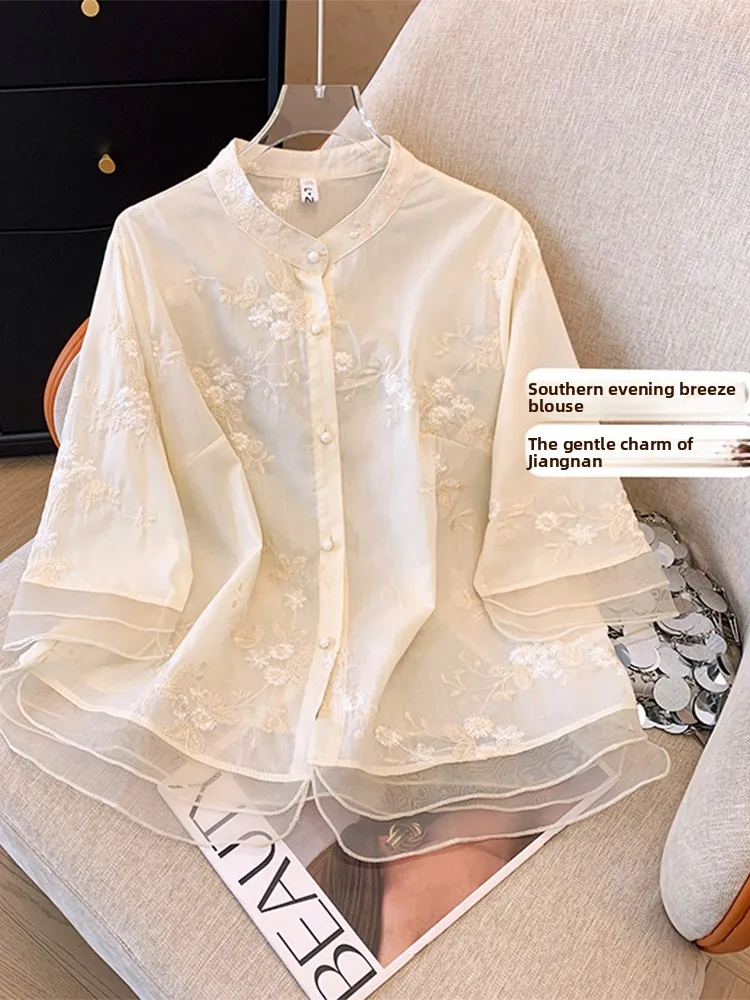 

Ele Chinese Sle ort Sve irt Women's Summer Faion Heavy Embroidery Stand Collar Patchwork Euro Organza Top