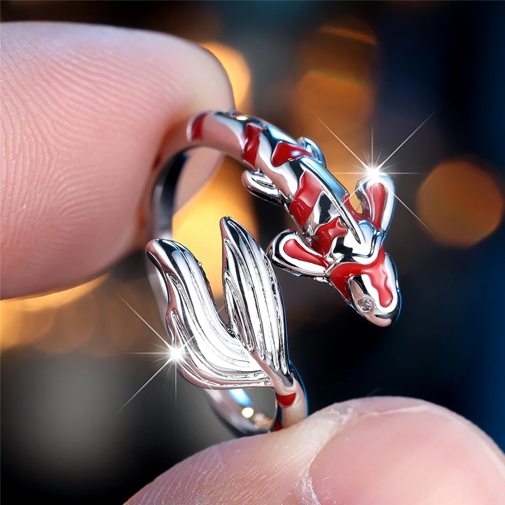 Cute Female Red Enamel Open Gold Color Wedding Fish Rings Promise Adjustable Engagement Jewelry For Women