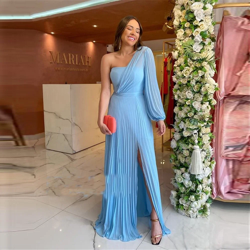 

Vinca Sunny Light Sky Blue Chiffon Evening Dress One Puffy Long Sleeves Slit Orange Simple Prom Dresses Plus Size Formal Gown