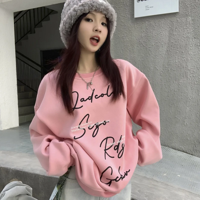 Korean Fashion Pink Hoodies Women American Streetwear Letter Print Loose Round Neck Plus Cashmere Hoodie Pullovers Teen Girls