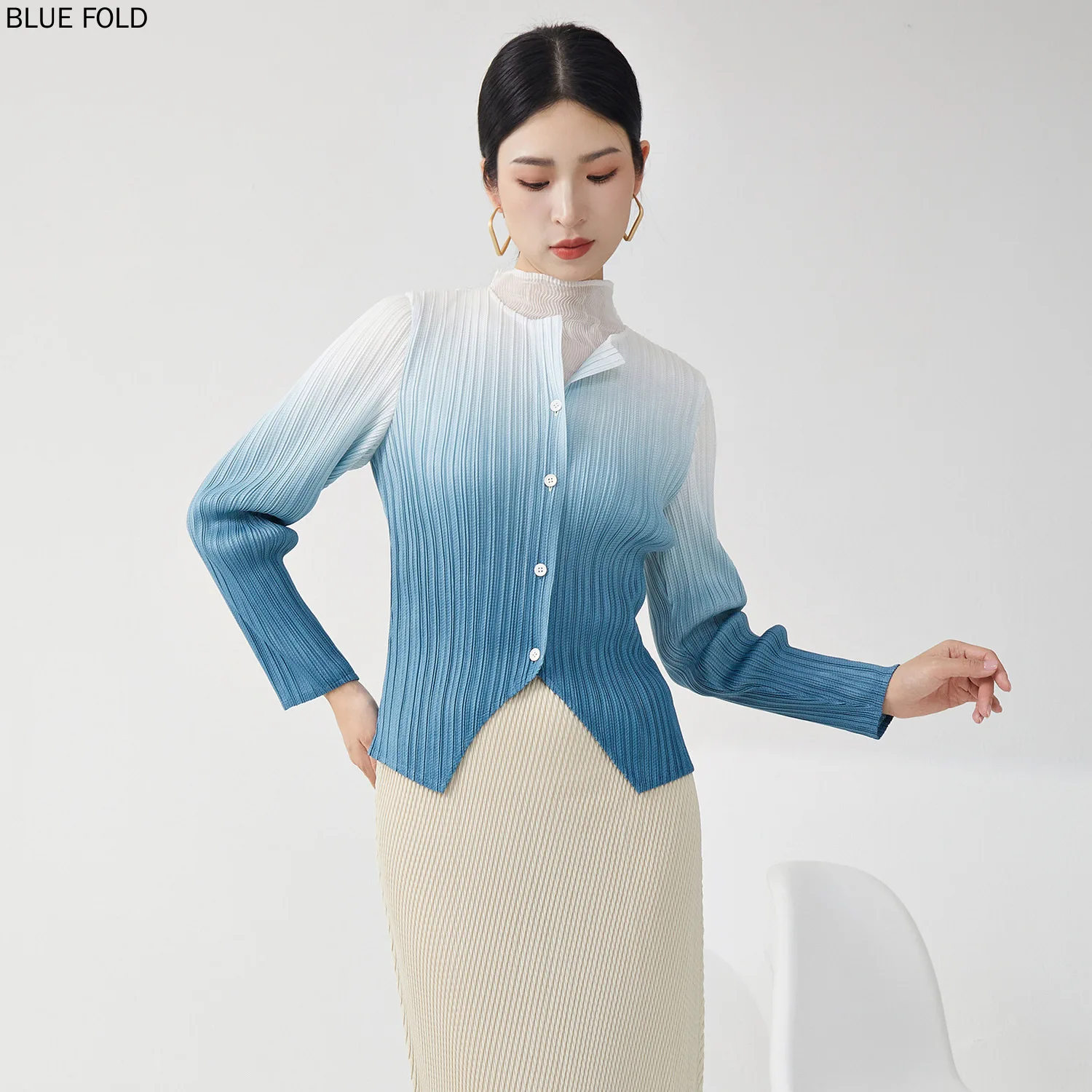 Gradient Color Jacket for Women All-match Autumn High-end Single-breasted Long-sleeved Irregular Temperament Miyake Cardigan Top