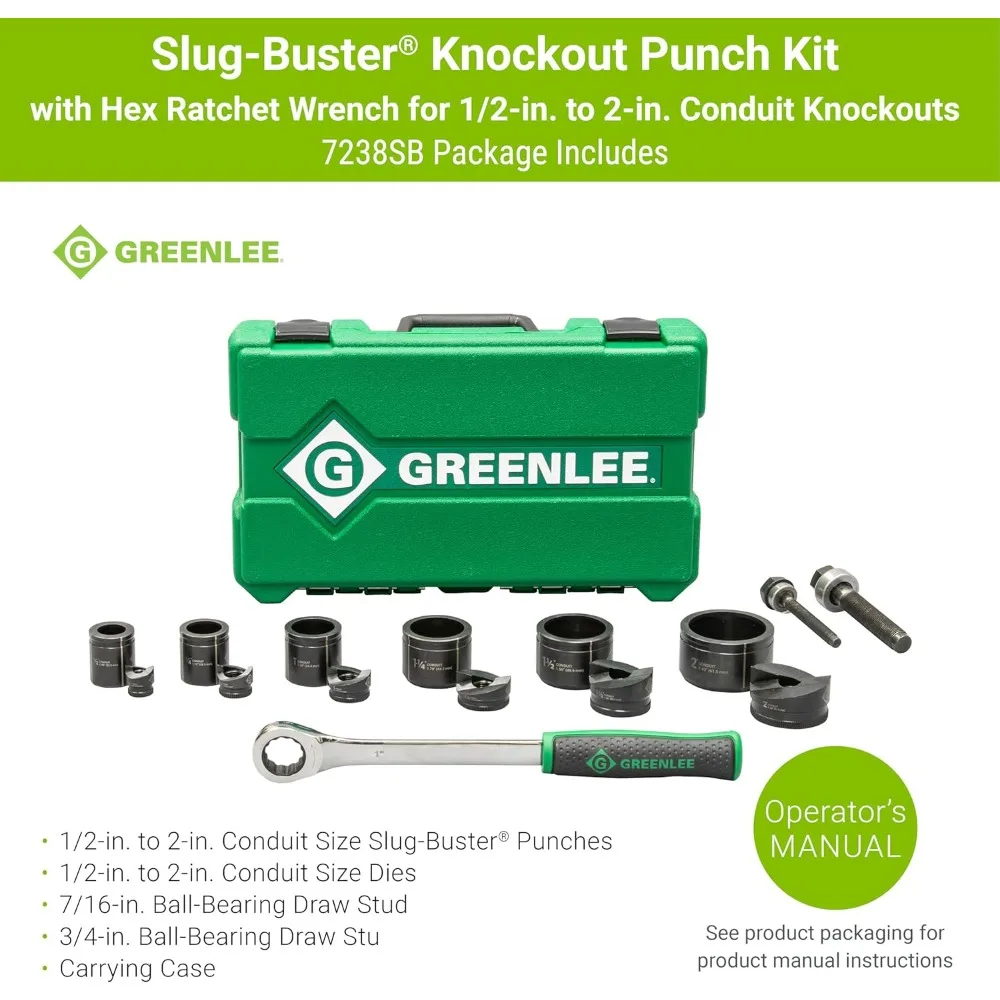 

Slug-Buster Knockout Punch Kit with Hex Ratchet Wrench, 1/2" to 2" Punches, and 7/16" and 3/4" Draw Studs