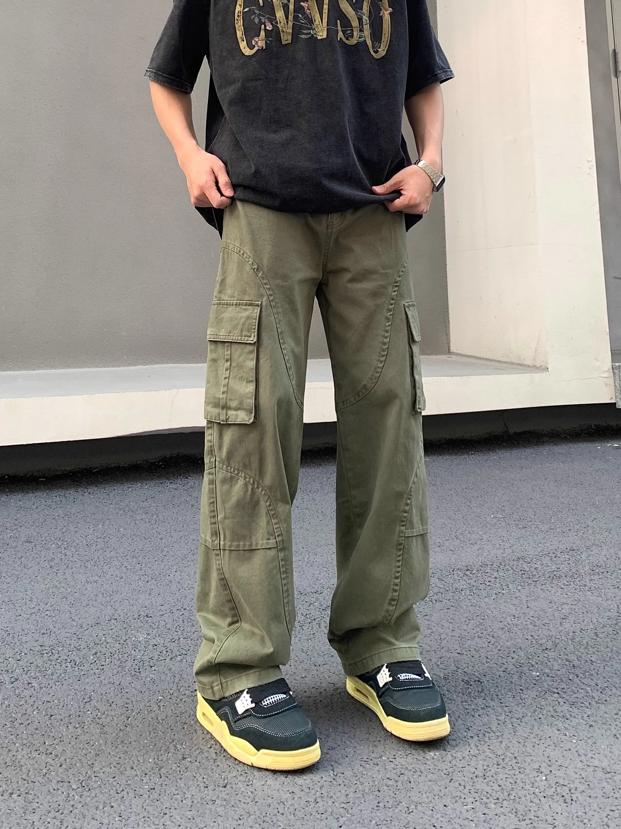 

Ретро американский High Street выцветшие брюки для спецодежды с завышенной талией, свободные повседневные прямые мужские длинные брюки, летние джинсы