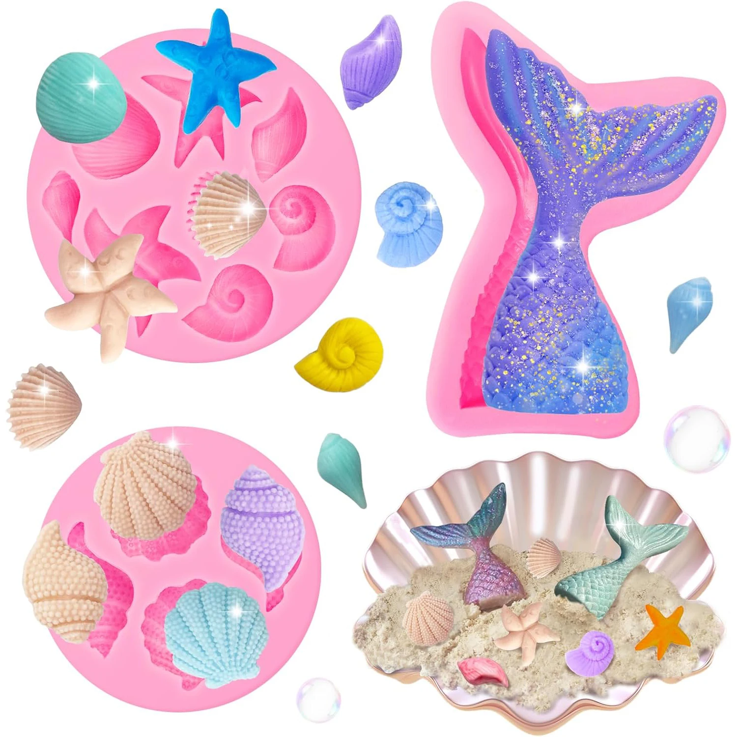 100% Food Grade Silicone Mermaid Ocean Mold Kit - Non-Stick Seashell Starfish Coral Seahorse Fondant Molds for Cake Candy