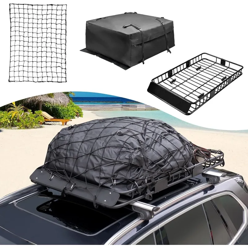 Roof Rack Cargo Basket Set, Cargo Carrier Bag Cubic Feet Capacity with Car Top Luggage Holder Adjustable Length