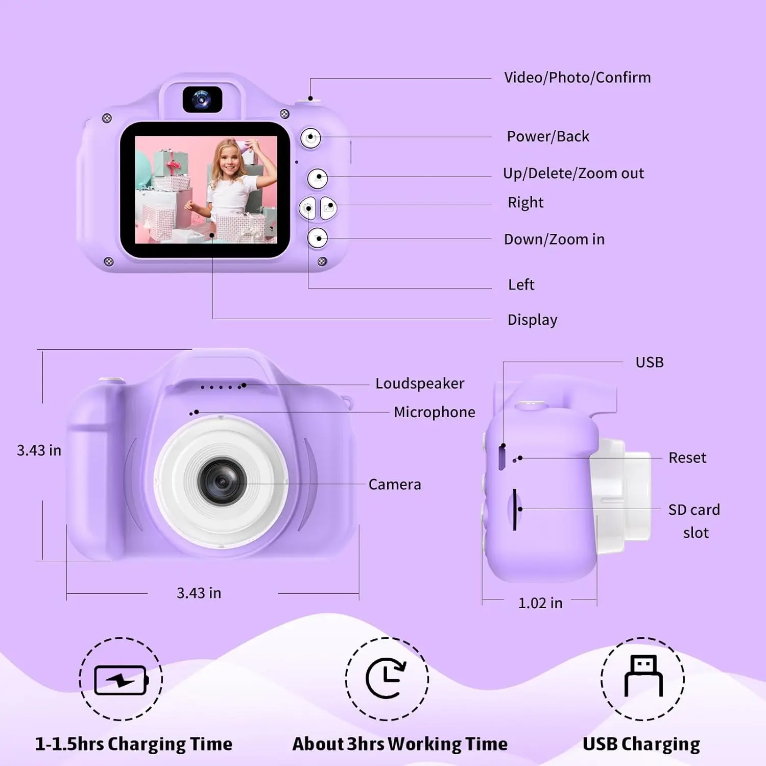 INOCTI Cámaras para niños, Serie de unicornios, Cámara para niños, Cámara de vídeo digital para niños pequeños, Juguetes para regalos de cumpleaños de Navidad de 3 a 8 años