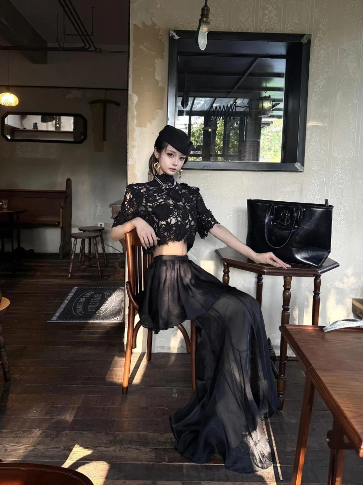 القوطية الأسود الدانتيل قطعتين مجموعة المرأة خمر شير الجوف خارج أعلى عالية الخصر تنورة طويلة الظلام أنيقة حزب الرجعية وتتسابق 2025