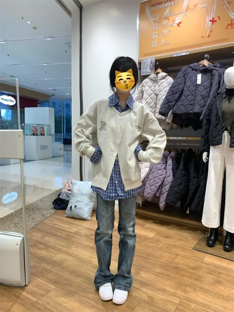 American Style Fake Two-Piece Hoodie For Women in Spring and Autumn 2025 New Korean Style Small Versatile Patchwork Top Jacket