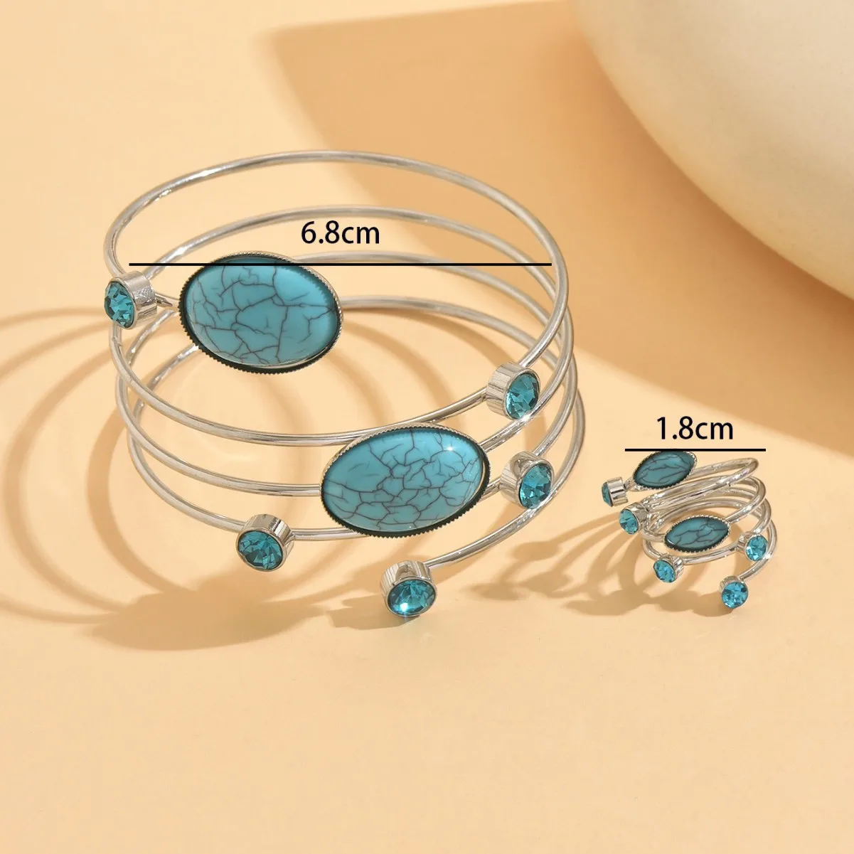 

Vintage Western Turquoise Bracelet & Ring Set Inlaid Green Faux Gemstone Cuff Bangle
