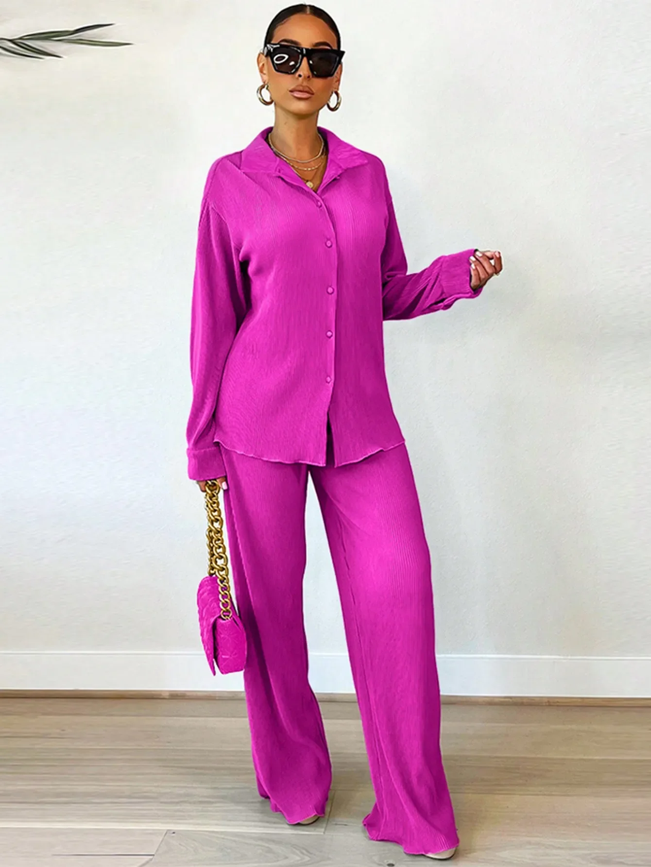 

2-Piece Women's Pleated Shirt & Wide-Leg Pants Set, Loose Fit, Solid Color, Casual Spring Fall Outfit