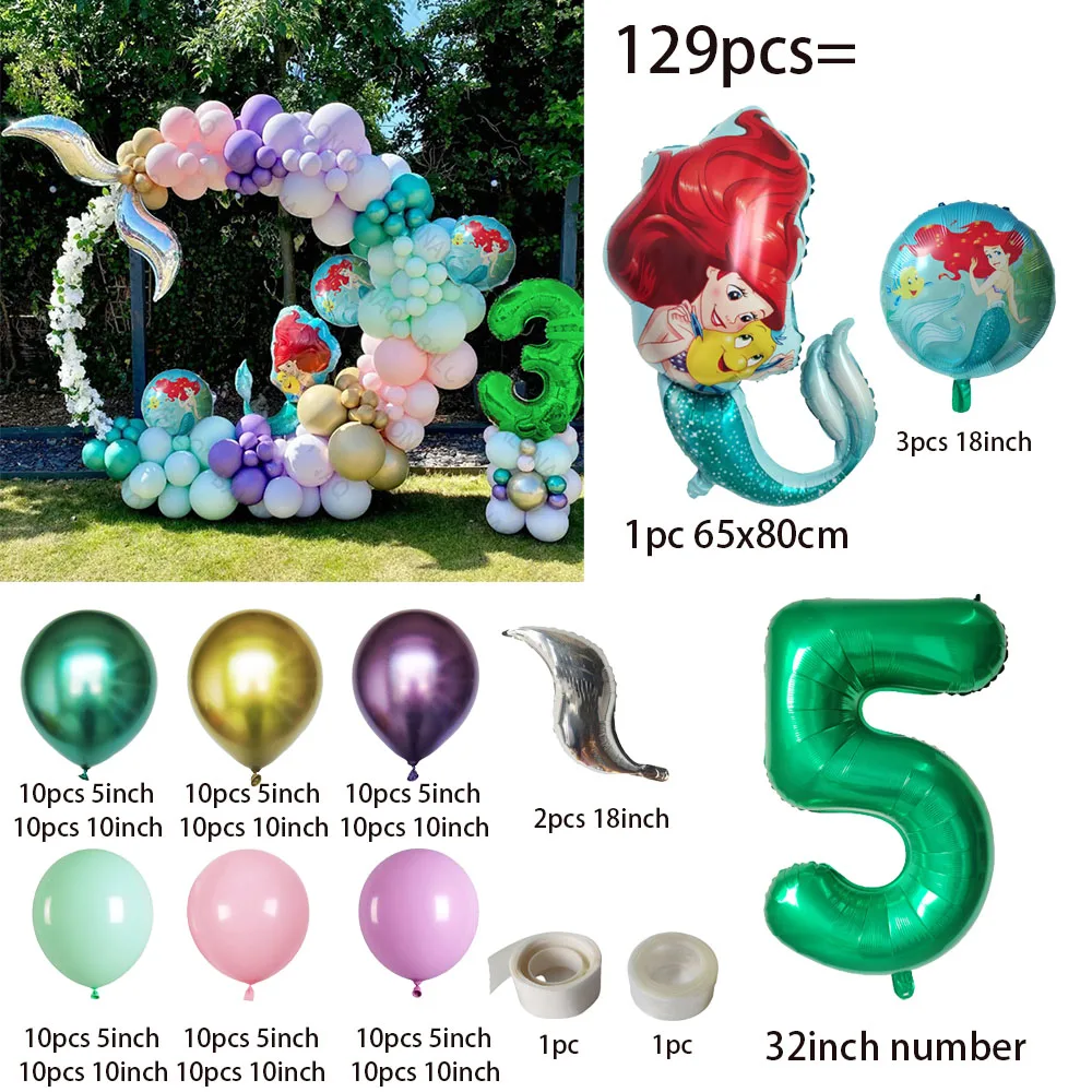 129Pcs Green Mermaid Theme Shell Balloon Arch Kids Girl Birthday Decoration Baby Shower Under The Sea Mermaid Wedding Supplies