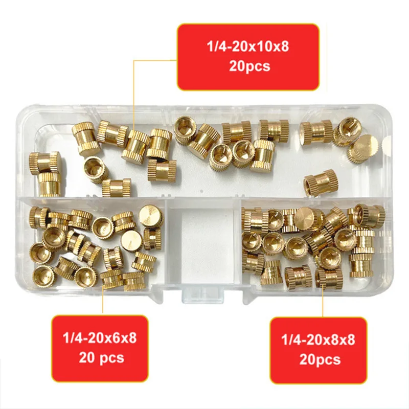 60PCS/set 1/4-20 Insert Nut Inch Size Brass Threaded Heat Knurled Hot Melt Molding Injection Embedded Copper Nut of 3D Printing