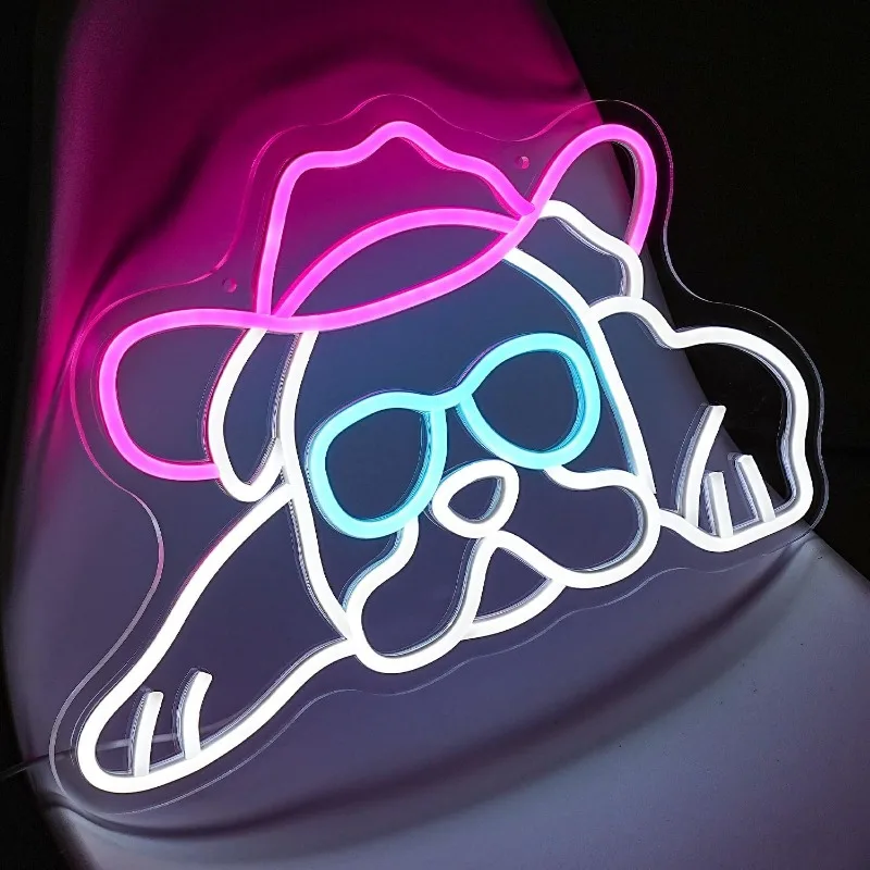 XM Cowboy Bulldog Neon Wearing Glasses Neon Pink Cowboy Hat Bedroom Decoration Finch Bulldog Accessories Decoration