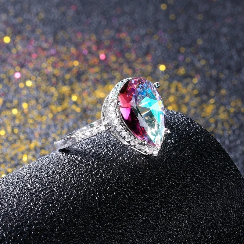 Ladies Jewelry S925 Silver Ring Mystical Rainbow Topaz Dripping Ring Wedding Jewelry Party Valentine\'s Day Ring Gift Wholesale