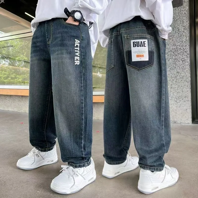 5-14 Jahre Jungen Jeanshosen Frühling Kinder Weite Beine Gerade Hosen Herbst Locker Sitzende Freizeithosen Trendige Kinder-Jogginghosen