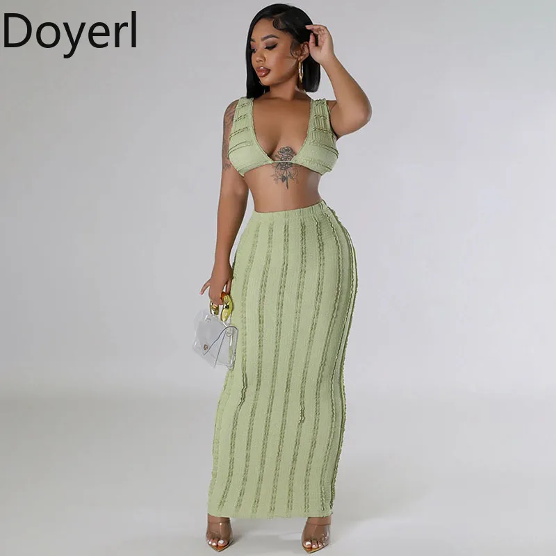 

Doyerl Полосатая юбка Комплект из 2 предметов Женские комплекты одежды Отпускные наряды Укороченный топ на шнуровке и длинные юбки Сексуальные клубные одинаковые комплекты