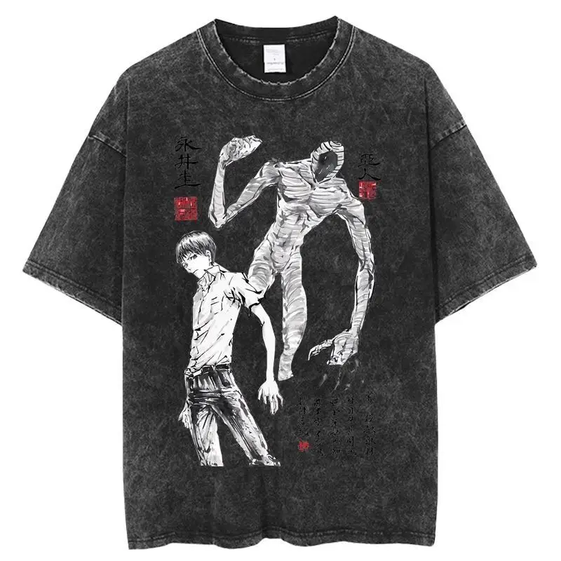 Classic American Retro Washed T-Shirt Streetwear Men Ajin Japanese Anime Printed T-Shirt Comfortable Casual Handsome