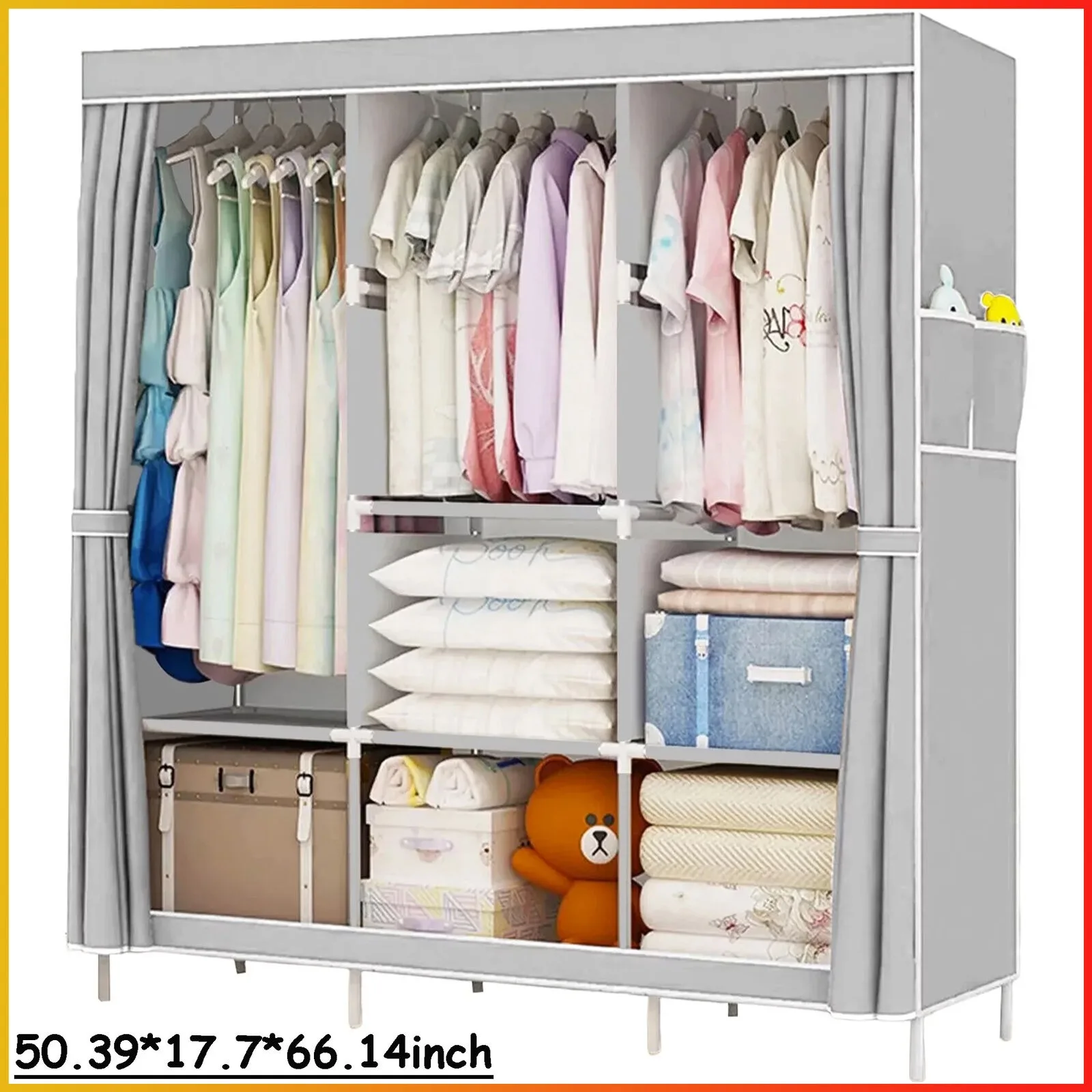 

US New Design Portable Closet Wardrobe Clothes Rack Storage Organizer Shelf Durable