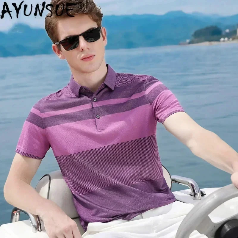 

AYUNSUE Man's T-shirt Summer op Silk Shirt Men Striped Casual Plus Size Shirts for Clothes High Quality 4844 KJ4698