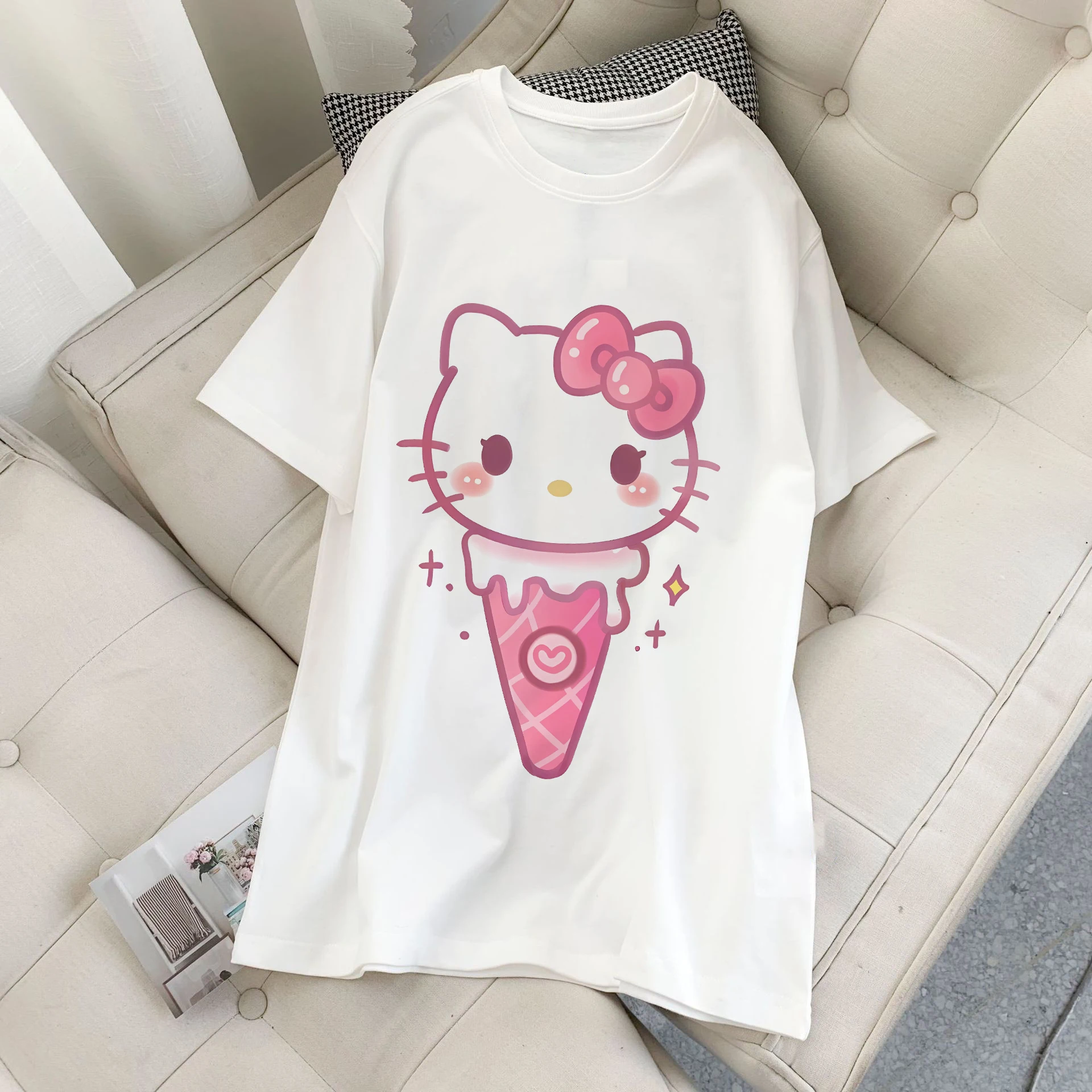 Hello Kitty Ice Cream Kuromi T-shirt Women Cotton Sanrio Melody Y2K Fashion Tee Shirts Kawaii Cartoon Casual Clothes Streetwear