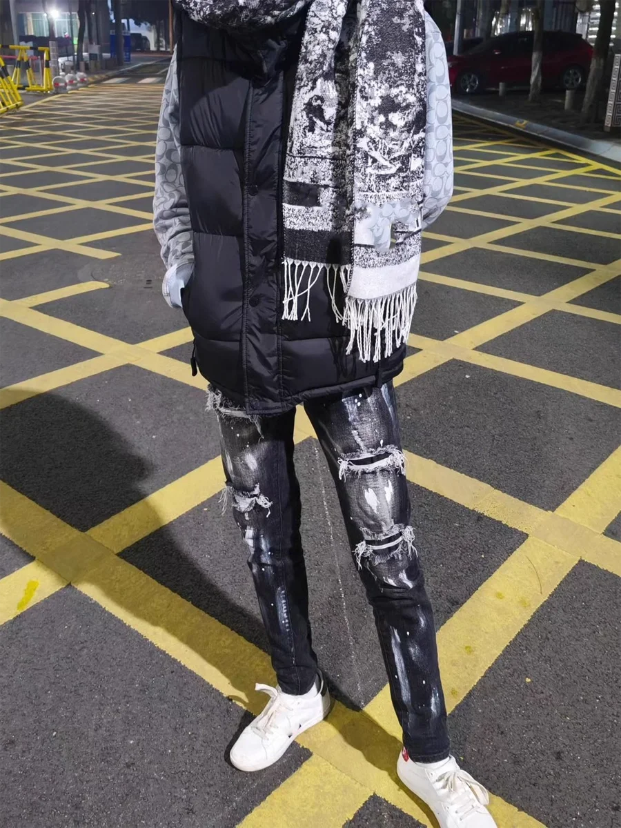 

Waed Denim Jeans Men's Spring Autumn Winter Faion Brand Hole Patch Spray Ink Slim Fit Casual Wear Resistant Straight Leg