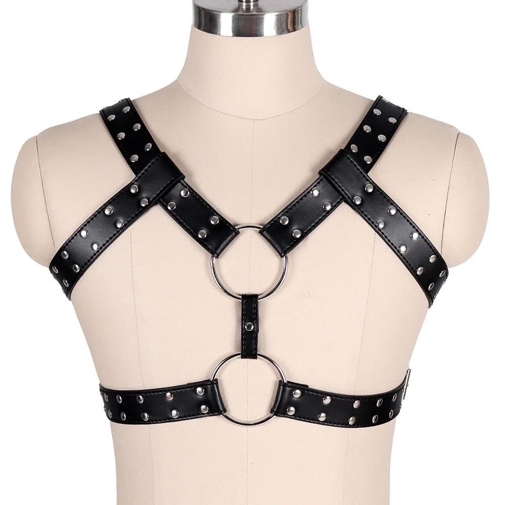 Men\'s Black Sexy Leather Set Vest Gay  Nightclub Rave Wear Flirting Full Body Bondage PU Leather Harness Man Underwear Tops