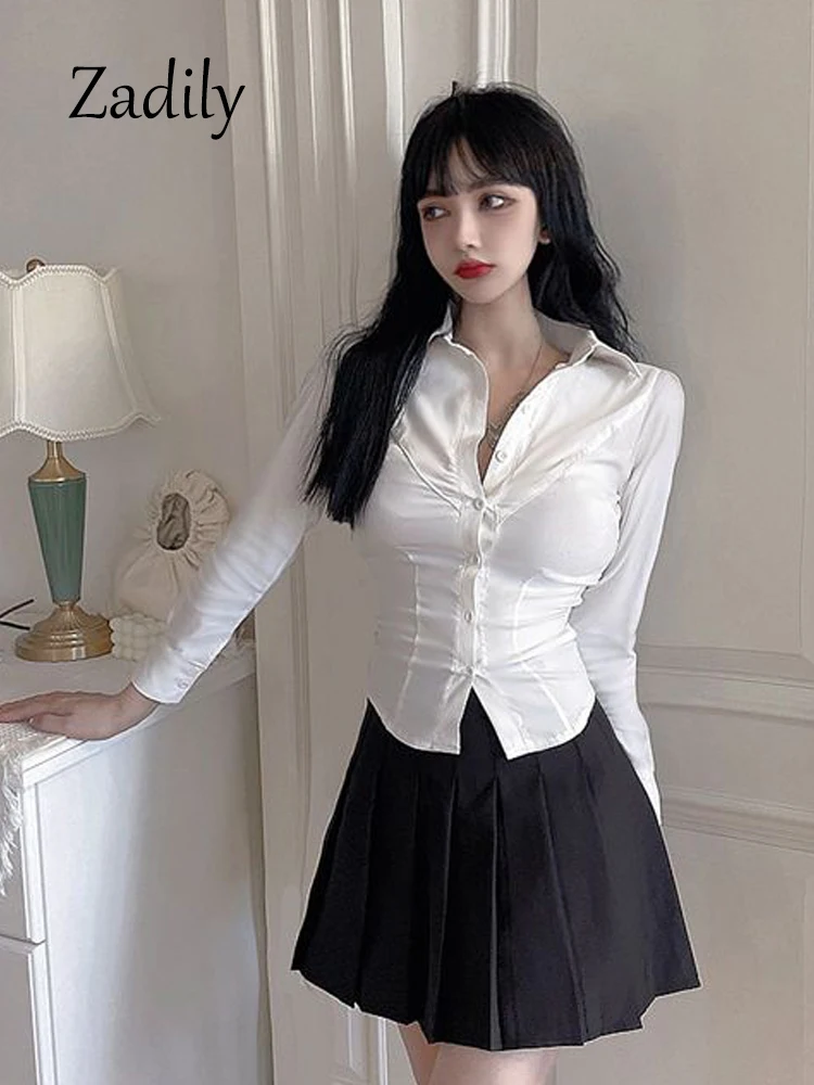 Zadily 2024 Spring Office Lady Long Sleeve Women Slim White Shirt Korea Style Button Up Ladies Blouse Solid Female Clothing