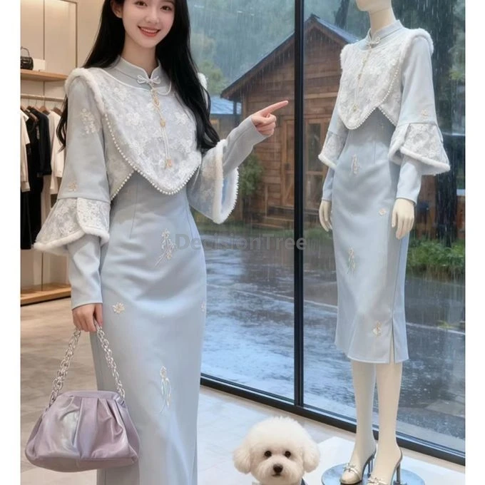 

Изысканный комплект чипао 2026: классический, нежный, модный, утепленный, с великолепным жемчужным дизайном и шалью