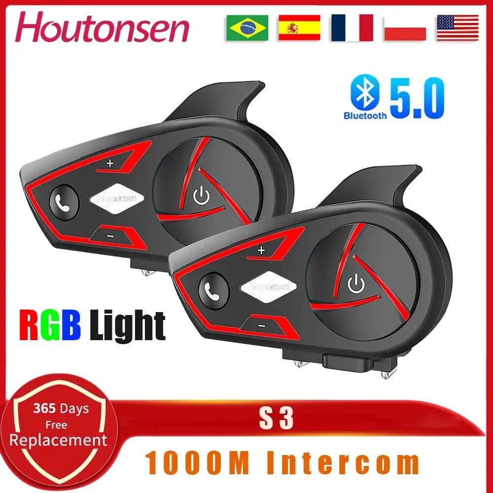 Houtonsen S3 Motorcycle Helmet Bluetooth Headset Intercom Wireless Waterproof 1000M Interphone RGB Tri-Color Ambient Light