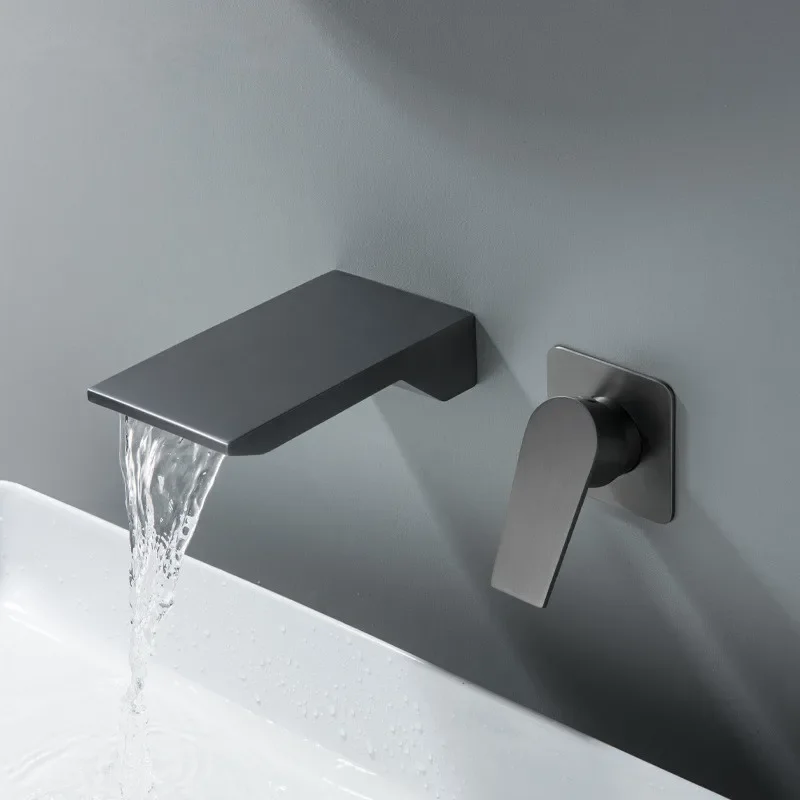 

Grey Bathroom In Wall Brushed Gold Basin Black Waterfall Faucet Spout Mixer Tap Set Combination Blanoir Brass tap