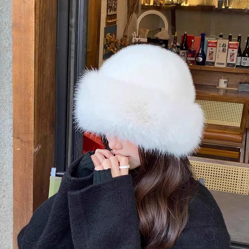 Winter Hat For Women Faux Fur Fluffy Bucket Hat Female Luxury Plush Thicken Snow Fur Bucket Hat Soft Panama Cap Fashion Headgear