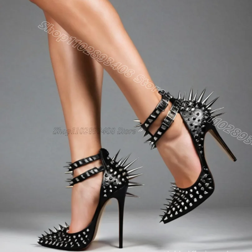 Black Rivet Stiletto Ankle Buckle Pumps Pointed Toe Matte Leather Fashion Spring Casual Party Women Shoes Zapatos Para Mujere