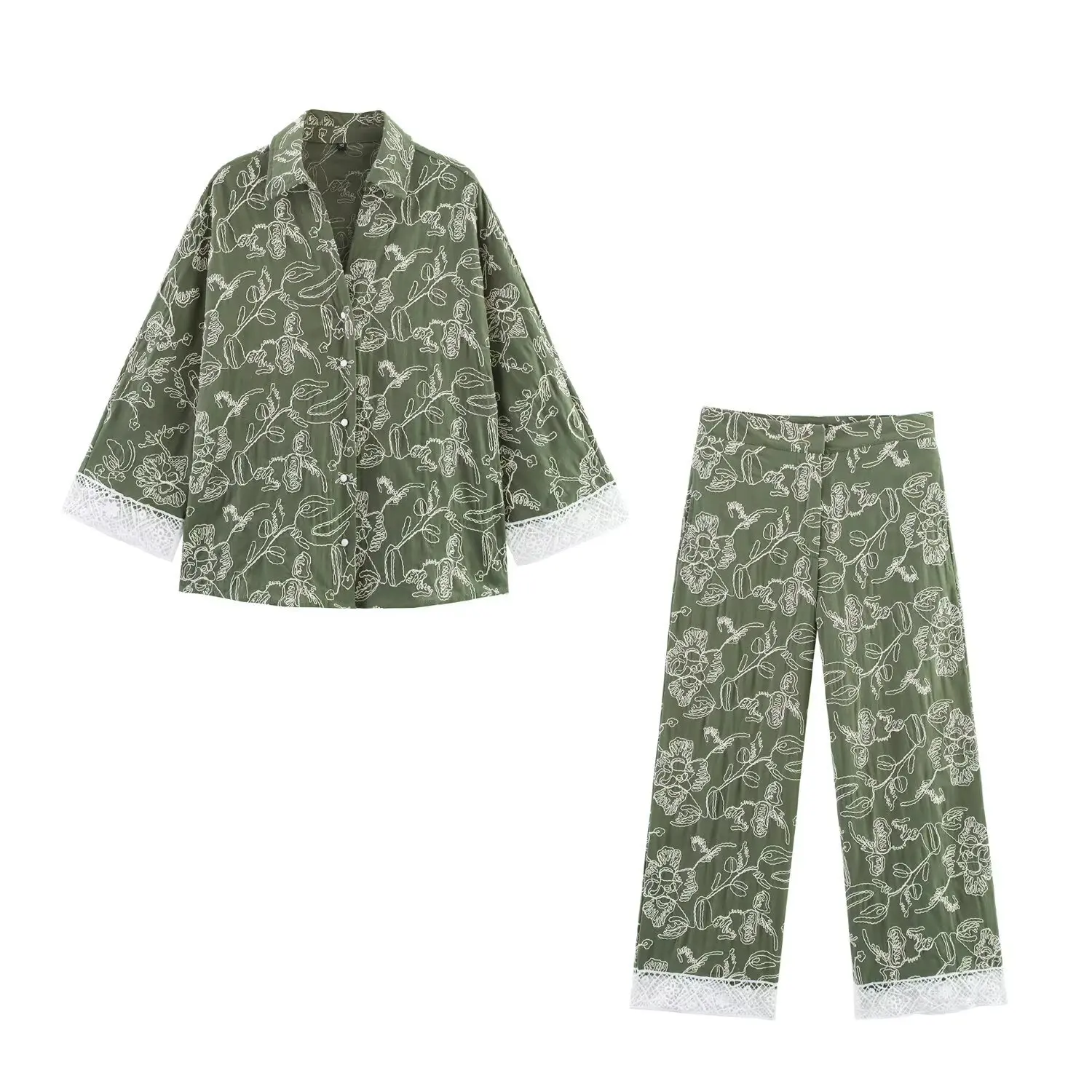 

2025 Summer Women's New Pant Set Women's Hemp Embroidered Shirt Retro High Waist Loose Casual Wide Leg Pants Female Suit