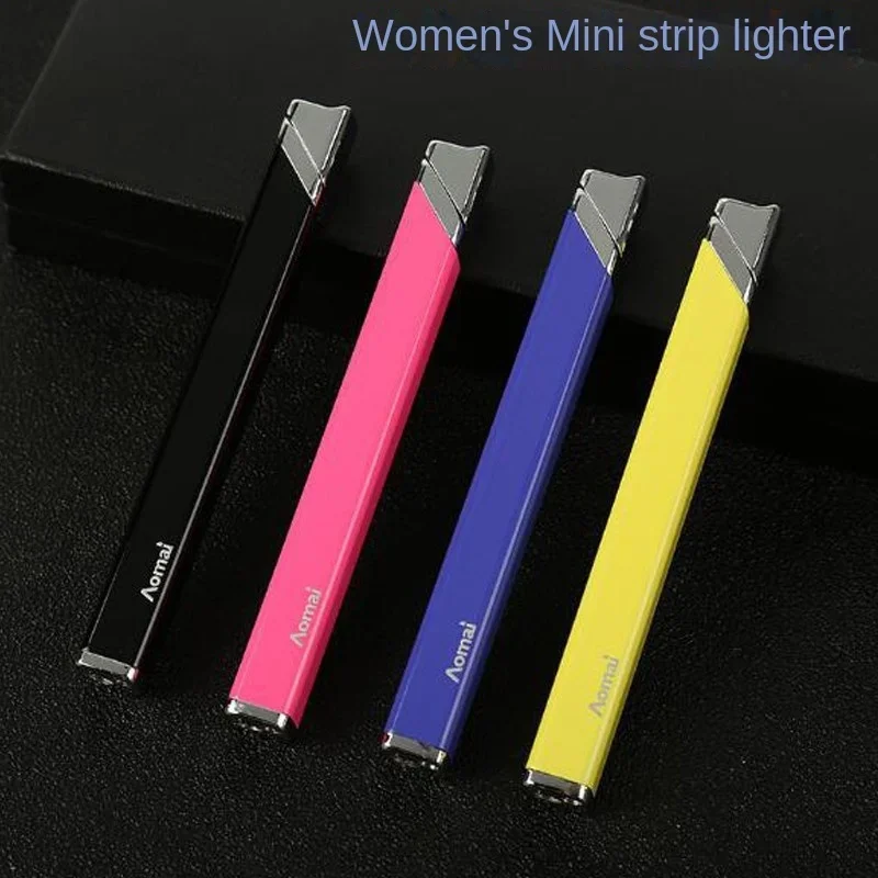 Portable Slim Color Lighter Mini Square Long Grinding Wheel Open Flame Butane Gas Lighter Metal Simple Creative Women\'s Lighter