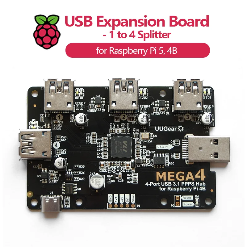 MEGA4: 4-PORT USB 3.1 PPPS HUB FOR RASPBERRY PI 5, 4B