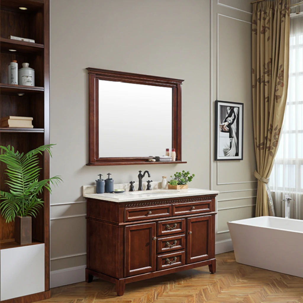 Chinese Style Wooden Bath Mirror With Lacquered Ceramic Basin Floor-Standing Vanity For Home Villa Or Hotel Use