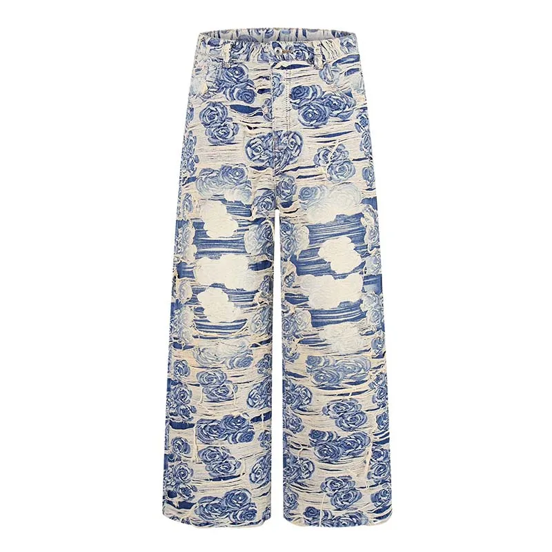 

Printed Hip Hop Ripped Casual Jeans Pants Harakuju Washed Streetwear Denim Trousers For Male Blue