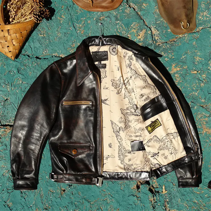 Men's Tea-Core Distressed Horsehide Genuine Leather Jacket - Lapel German Hartmann Flight Jacket with Quick-Release Buckle Belt