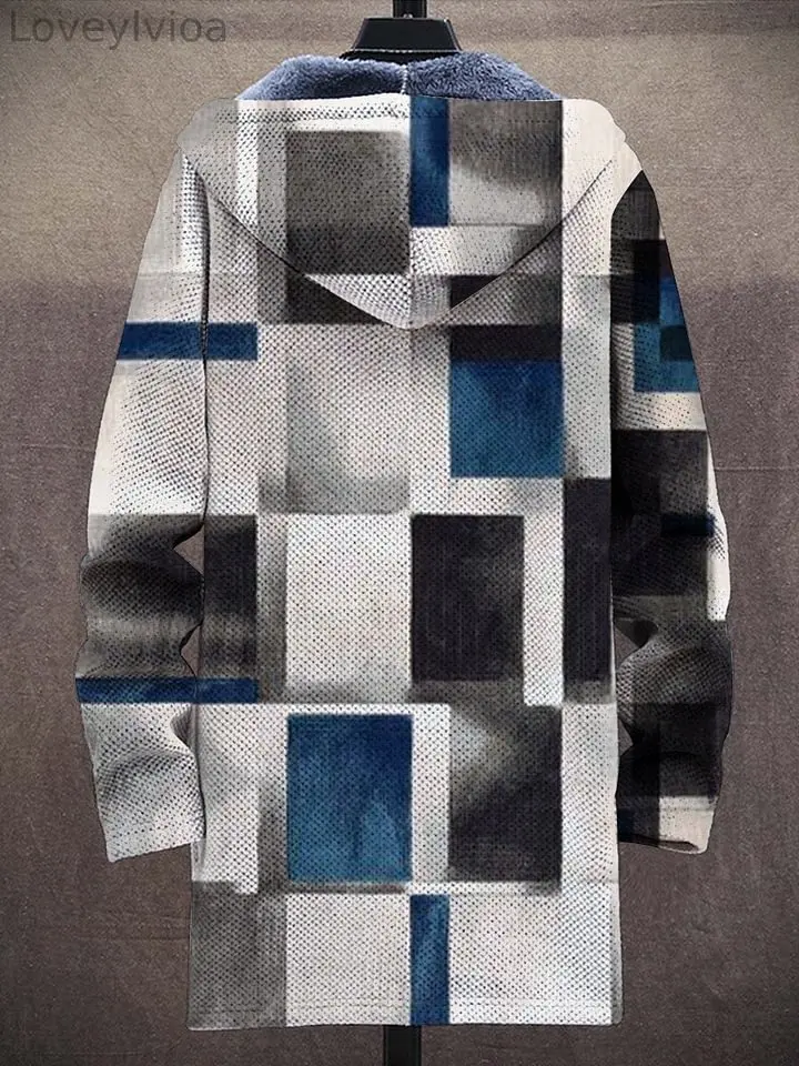 Men's Plaid Print Winter Fleece Lined Hooded Trench Coat Unisex Thick Warm Jacket