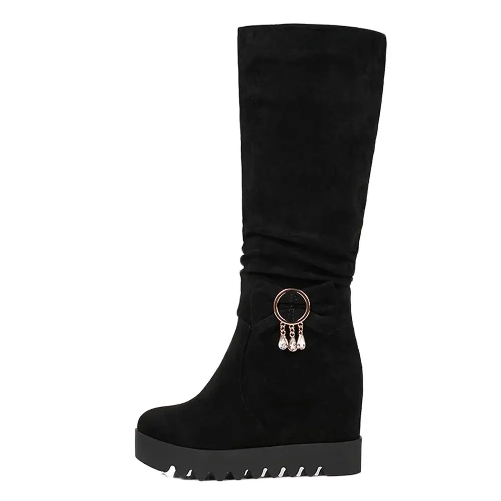 

Langfeng Women Knee High Boots Winter Fashion Boots Hidden Heeled Platform Lace Shoes Zipper Round Toe Short Plush Warm Boots