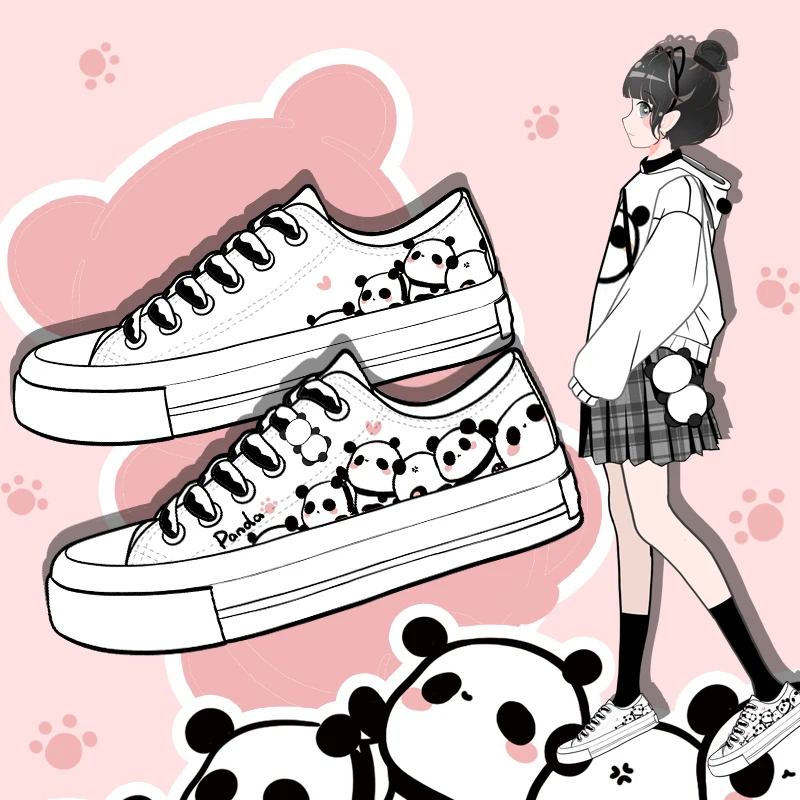 Amy and Michael Lovely Anime Panda Hand Painted Canvas Shoes Kawaii Girls Students Espadrilles Woman Vulcanize Shoes