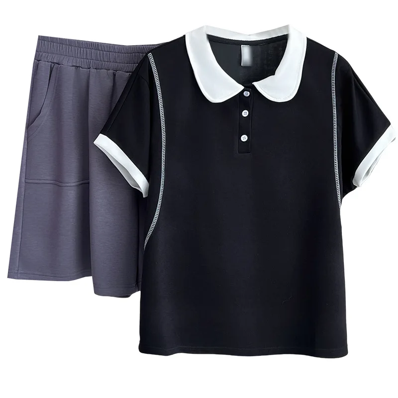 

Plus Size Women's Set Casual Color Blocking Short Sleeve Tops And Grey Shorts Two Piece 100KG Sports Suit Summer 2025